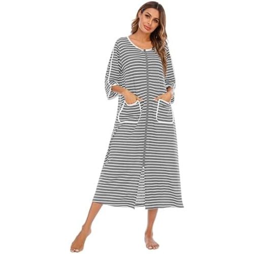 Womens Zipper Front House Dress Long Robes 3/4 Sleeves Striped Nightgowns Loungewear Bathrobes with Pockets