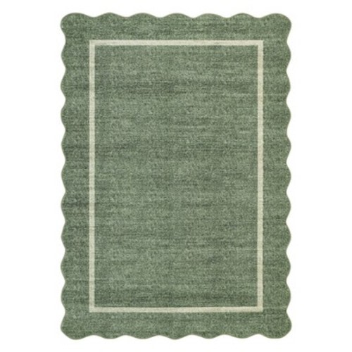 10'x13' Scalloped Washable Bordered Living Room Bedroom Rug, Ultra Thin Non Slip Indoor Farmhouse Carpet for Dining Room, Grey Green