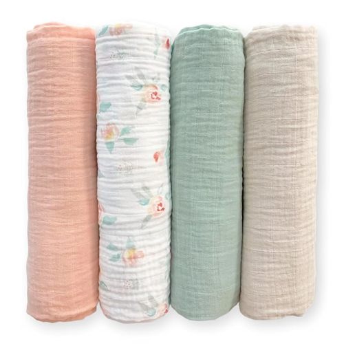 SwaddleDesigns Cotton Muslin Swaddle Blankets for Baby Girl, Set of 4, Receiving Blankets for Newborn, Baby Registry & Gift, 46x46 inches, Watercolor Peachy Pink Floral
