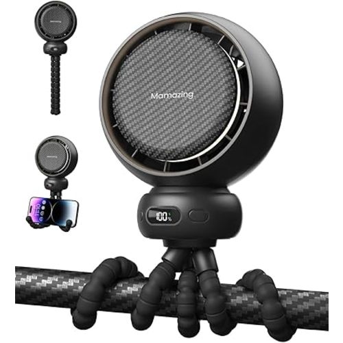 MAMAZING Mini Portable Stroller Fan, LED Display, 70° Auto-Oscillating Clip on Fan, 5 Speed Circulating Mode Included, Music & Night Light, 5000mAh USB-C Rechargeable Fan for Travel, Stroller, Car