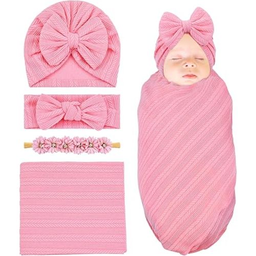 Cinaci 4pcs Pink Soft Nursery Newborn Baby Receiving Swaddle Blanket with Matching Turban Hat Bow Headbands Floral Nylon Headbands for Baby Girls Newborn Infants