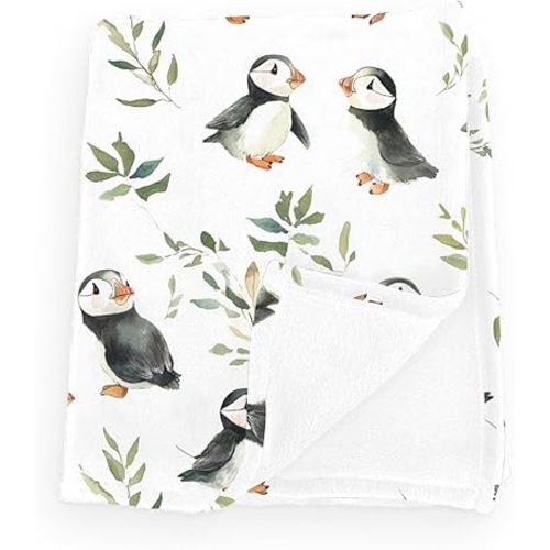 Watercolor Puffins Boho Leaves Baby Boy Girl Blankets Cute Bird Flannel Fluffy Blanket for Baby Infant Toddler Newborn Flying Birds Animals Blankets for Crib Stroller Bird 30x40inch