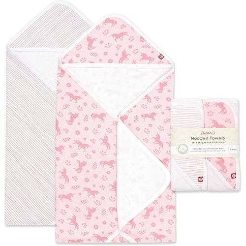 Zutano Hooded Baby Towels, Organic Cotton Baby Bath Towel, Ultra Soft and Absorbent Baby Towel for Newborn and Infant | Girl, Boy, and Unisex Towel Set, Unicorn Meadows, 2-Pack