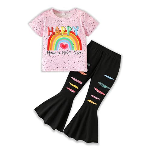 Azmxynol Toddler Kid Girls Clothes - Letter Rainbow Print Top Distressed Flared Pants 2PC Spring Summer Pant Set
