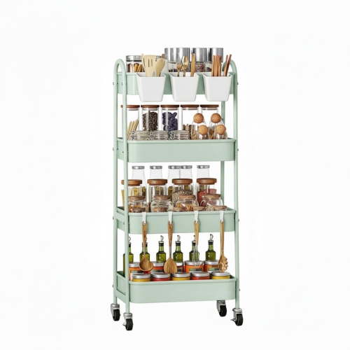 EDX 4-Tier Rolling Cart, 132 lbs Metal Utility Cart Storage Organizer with Lockable Casters, Multi-Functional Mesh Rolling Storage Cart for Kitchen Office, Green