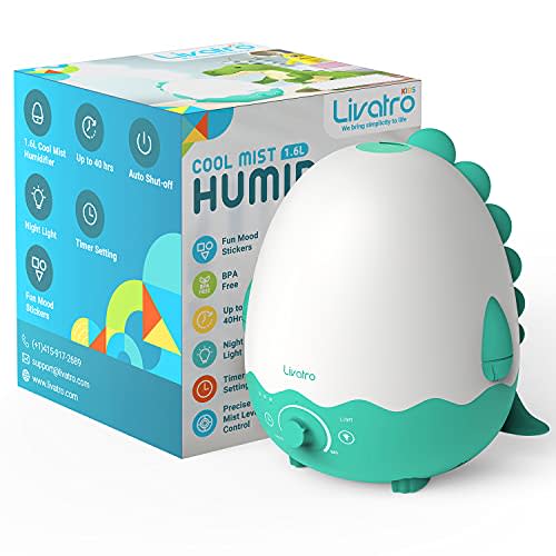 Livatro Kids BPA FREE Humidifier with Diffuser, Ultrasonic Quiet Air Humidifiers for Baby Kids Bedroom Nursery with Night Light, Timer and Auto-Shut Off, Last up to 40Hours, Dinosaur with Fun Stickers