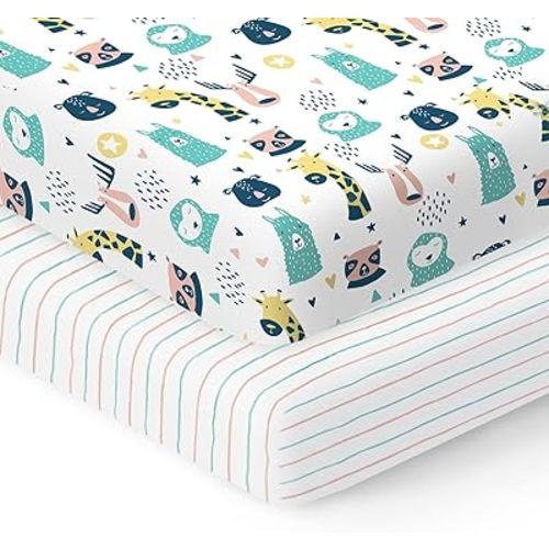 100% Organic Cotton Fitted Mattress Sheets Fits and is Compatible with Graco Pack n Play, Babyletto, Pamo Babe, Dream on Me, Evenflo, Baby Trend Portable/Mini Crib/Playards. 2 Pk Animal & Stripe