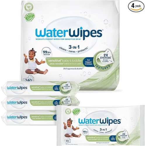 WaterWipes Sensitive+ Baby & Toddler Wipes, 3-In-1 Cleans, Cares, Protects, 99.9% Water, Textured Clean, Unscented & Hypoallergenic, 240 Count (4 Packs)