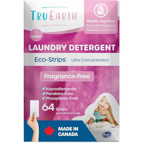 Tru Earth Hypoallergenic Baby Laundry Detergent Sheets/Strips for Sensitive Skin, 64 Count, Up to 128 Loads: Fragrance Free Baby Detergent Laundry Newborn, Children