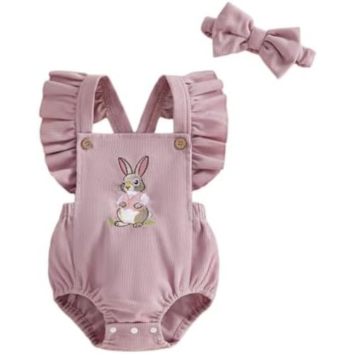 fhutpw Baby Girl Clothes Easter Romper Cute Bunny Embroidery Jumpsuits Infant Girls Rabbit Bodysuit Outfits