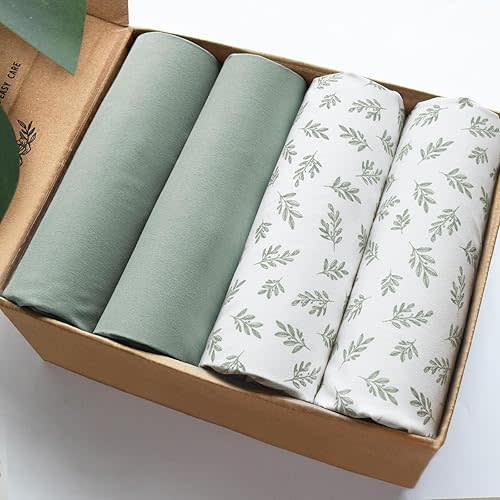Mini Crib Sheets 4 Pack for Baby Boys & Girls, Neutral Mini Crib Sheet Fitted 38'' x 24'' for Standard Mattress, Ultra Soft Material Baby Mini Sheet, Aqua Leaf