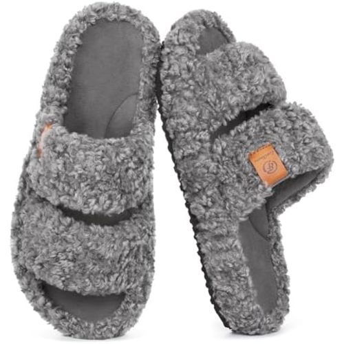 EverFoams Womens Fuzzy Open-toe Slippers Memory Foam Indoor House Shoes