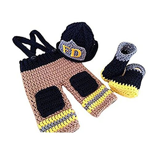 Pinbo Baby Photography Prop Crochet Knitted Firefighter Fireman Hat Pants Shoes