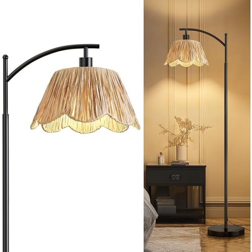Oneach Boho Rattan Floor Lamp for Living Room, Farmhouse Standing Lamp with Hand-Woven Shade, Black Metal Base & Pole, Foot Switch - Corner Reading Lamp for Bedroom