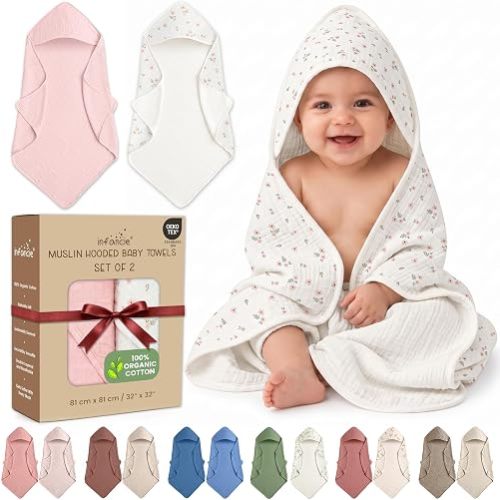 100% Organic Cotton 2 PK Muslin Baby Hooded Towels Newborn 81x81cm