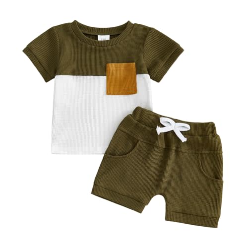Toddler Baby Boy Summer Clothes Waffle Contrast Short Sleeve T-shirts Top Solid Shorts 2Pcs Outfit 6 12 18 24 Month