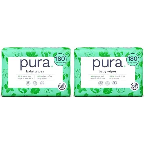 Pura Baby Wipes 3 x 60 per pack (180 Wipes) 100% Plastic-Free & Plant Based Wipes, 99% Water, Suitable for Sensitive & Eczema-prone Skin, Fragrance Free & Hypoallergenic, EWG, Cruelty Free (Pack of 2)