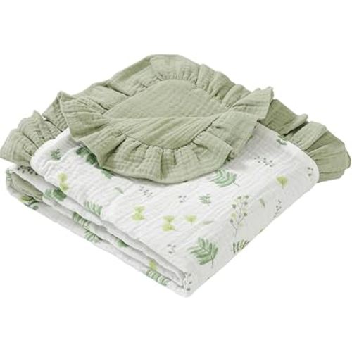 PEIPEIWU Cotton Muslin Baby Blanket 36x40 in, Reversible Crib Swaddle(Green)