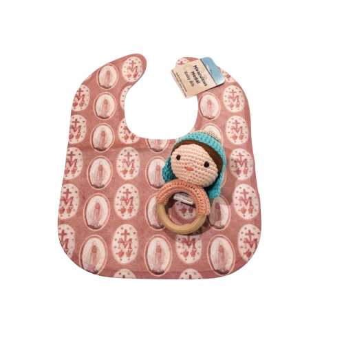 Miraculous Medal Baby Bib and Blessed Mother Rattle Set | Catholic Baptism Gift