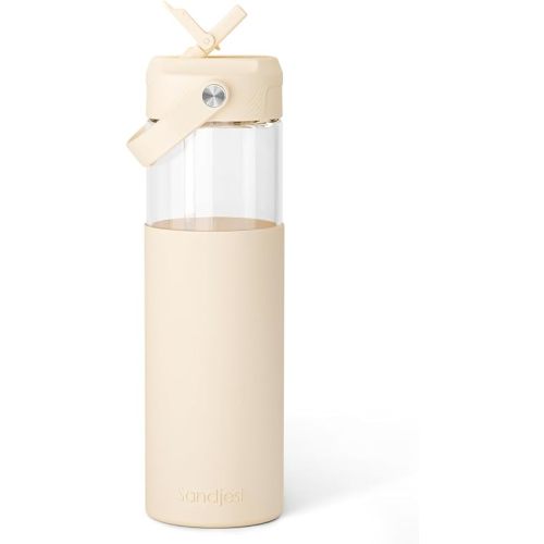 Glass Water Bottle with Silicone Sleeve and Straw Lid 20oz for Girls Women, Glass Drinking Bottles for Travel Home Gym Sports (Butter)