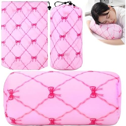 Novabright Micro Bead Neck Pillow with Storage Bag 12" x 6" Mellow Bean Bag Pillow Soft Tube Support Bolster for Adult Travel Chair Sleeping Car Seat, Airplane Surgery Recovery(Pink Bow)