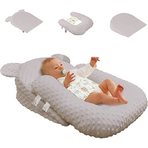 Newborn Lounger Pillow for Boys Girls, Breathable Bassinet Wedge Baby Anti Reflux Newborn Nest, Removable Cover for Infant Nursing Lounger Pillow Cushion (Grey, One Size)
