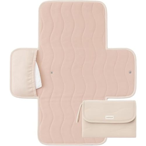 Toddlekind Mini Maven Portable Changing Pad – Organic Cotton & Water-Resistant Polyester – Travel-Friendly, Foldable Change Mat – Blush Stripes with Wave Stitching – Chic, Durable, Easy to Clean