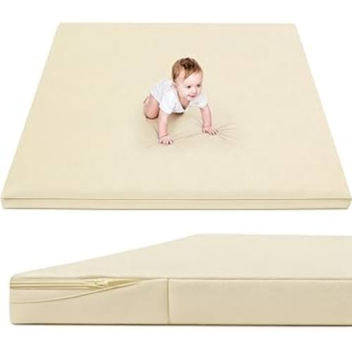 Waterproof Baby Play Mat for Floor 1.3"Thick Memory Foam 50*50 Cushion Playpen Playmat Tummy Time Crawling Mat Nursery Rug Pad Mattress Create Soft & Safe Area for Infants,Toddler,Kids,Beige