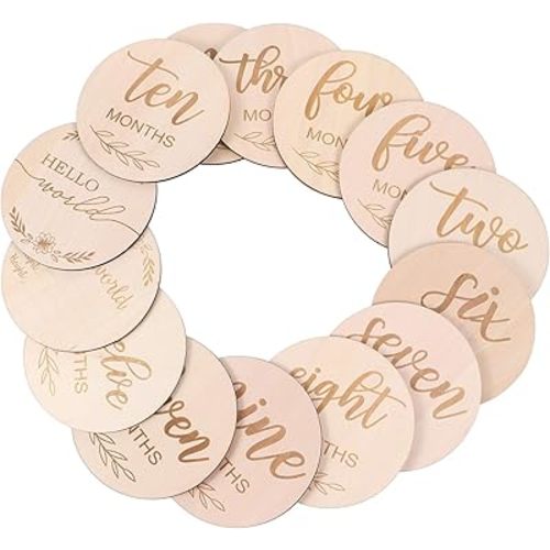 TOYANDONA 14Pcs Wooden Baby Monthly Milestone Cards Double Sided Discs from Newborn to 1 Year Baby Photography Props