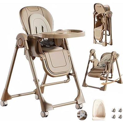 2-in-1 Baby High Chair with Swing Mode, Foldable Multi-Level Adjustable Feeding Chair with 2-Tier Split Tray, PP Material with Wheels (Khaki)