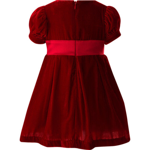 Baby Crushed Velvet Bow Ribbon Tie Short Puff Sleeve Dress, Red - Rachel Riley | Maisonette