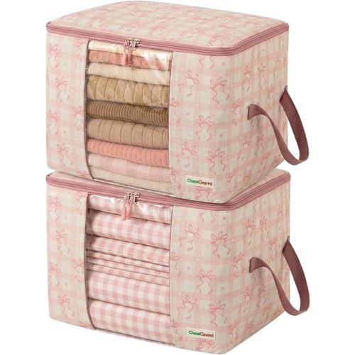 Chaos Cleared Kids Storage Bags – 100% Cotton Canvas Toy & Clothes Organizer with Cute Design – Storage Bin for Stuffed Animals, Baby Items & Clothes with Zipper & Handles (Pink Bow Print)