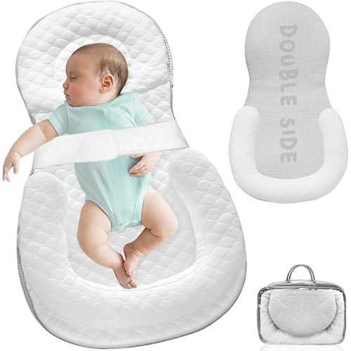 Baby Nests Lounger for Newborn, Snuggle Bassinet for 0-24M, Breathable Portable Co Bed, Baby Essentials Adjustable Infant Soft Cotton Loungers for Home & Travel - White