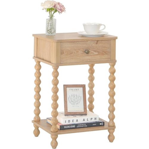 AWASEN Night Stand, Wood End Table with Drawer for Living Room, Small Bedside Side Table with Spindle Wood Legs for Bedroom, Office, Rustic Walnut