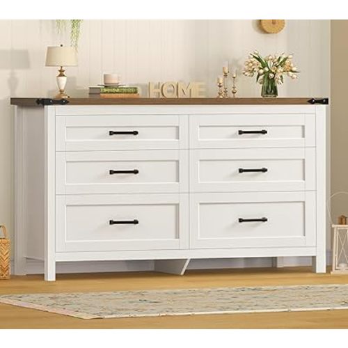 TEENFON 47.2" Dresser for Bedroom, White 6 Drawer Dresser with Metal Handles, Wood Dressers & Chests of Drawers for Closet, Farmhouse Dressers for Bedroom, Entryway, White