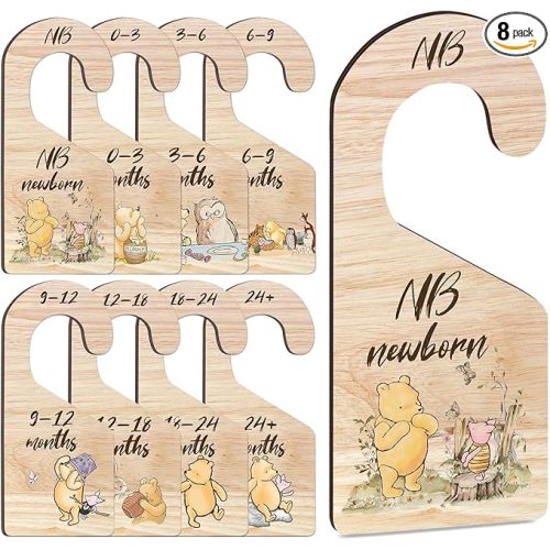 8Pcs Winnie Baby Closet Dividers, Winnie Baby Clothes Dividers for Closet, Newborn Baby Stuff for Baby Boys Girls, Wooden Double-Sided Baby Hanger Organizer from Newborn to Toddler