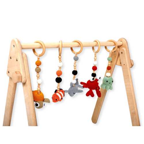 Montessori Wooden Baby Gym for Toddlers, Personalized Baby Gym Frame with 5 Handmade Crochet Toys, Baby Shower, Newborn & Christmas Gift