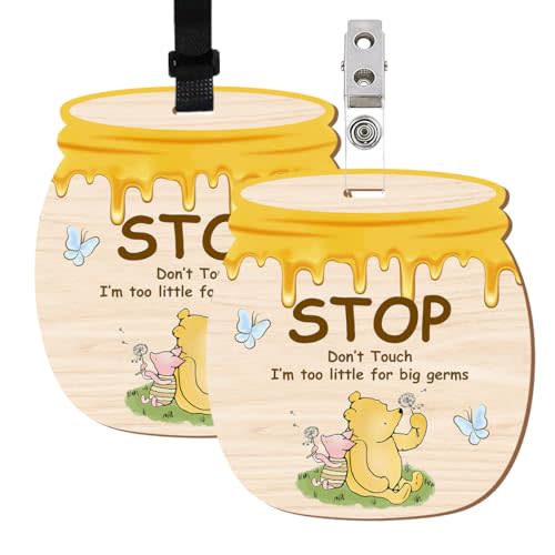 The Pooh No Touching Baby Signs, Winnie Dont Touch Baby Sign for Car Seat Sign, Bear Dont Touch Baby Sign for Newborn, Wooden Car Seat Hanging, Stroller Tags with Hanging Strap and Clip for 2 Pcs
