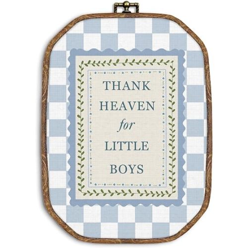 ZIKZAUDOU Trendy Boys Nursery Octagon Wall Art Framed, Thank Heaven for Little Boys Canvas Prints Wall Decor, Inspirational Blue Checkered Hanging Decor for Toddler Room Nursery Playroom, 10.2x7 Inch