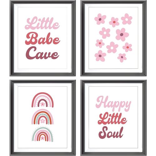 Little Babe Cave Happy Little Soul Boho Nursery Poster Prints for Kids Baby Girls Room Playroom Nursery Decor, Red Groovy Hippie Rainbow Flowers Decorations Prints Wall Art Unframed 4pcs 8x10 Inches