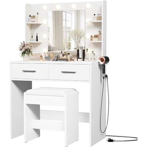 Furmax Makeup Vanity Desk with Mirror and Power Outlet, White