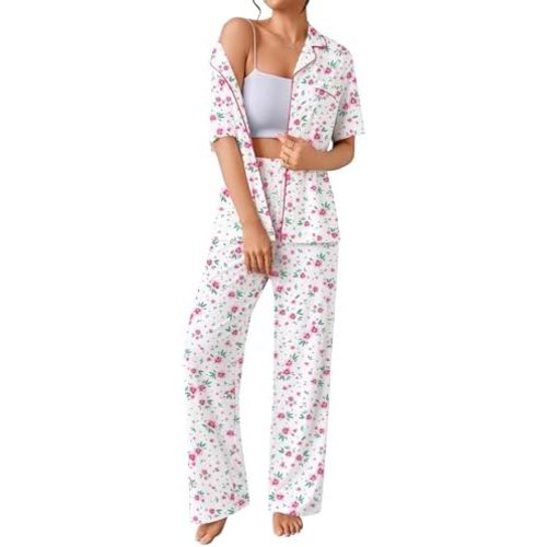 SWOMOG 100% Cotton Women Pajamas Set 2PCS Button Down Pjs Print Soft Lounge Short Sleeve Tops and Long Pants with Pocket