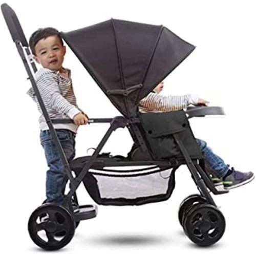Joovy Caboose Sit and Stand Double Stroller with Rear Bench and Standing Platform, 3-Way Reclining Seats, Optional Rear Seat, and Universal Car Seat Adapter (Black)