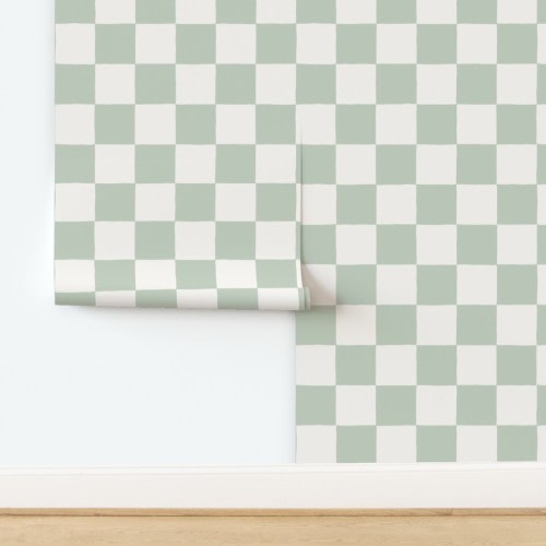 Wallpaper in Large scale checkerboard in sage green and off white checkers for nurseries