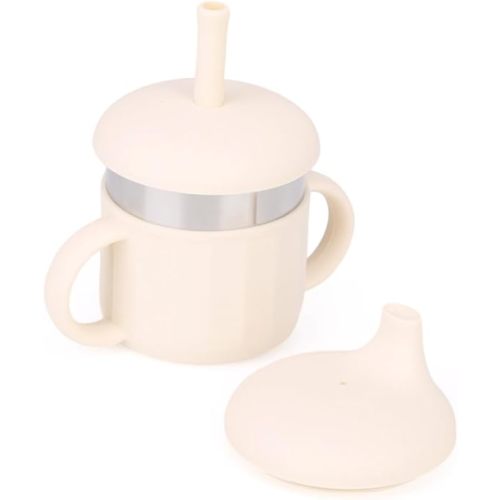 Baby Sippy Cup, Silicone Training Stainless Steel Kid Cups, Break Resistant Straw Lid Cup for Infants 6-12 Month Toddlers and 1-3 Year Kids, 7.4 Oz Water Drinking Cup (Beige, 1pc)
