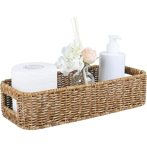 Resin Wicker Toilet Paper Basket: Water-Resistant Handmade Organizer - Natural Tan for Organic Back of Toilet Tank top & Scandinavian Kitchens 1pack