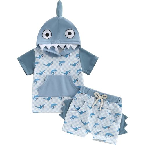 Toddler Baby Boy Hooded Dinosaur Summer Outfit Funny T-Shirt Shorts Set | Infant Baby Boy Dinosaur Clothes Short Sleeve Hooded Funny T-Shirt Short Set Toddler Dinosaur Clothes 6 12 18 Months 2T