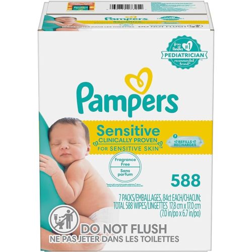 Pampers Sensitive Baby Wipes - Refill Packs, 588 Count, Water Based, Hypoallergenic and Unscented (Packaging May Vary) - 588 Count (pack of 7)