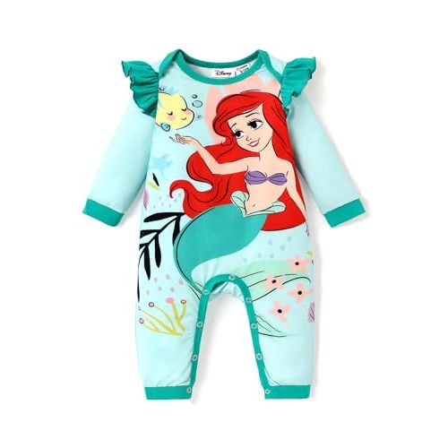 Disney Stitch Princess Cinderella Ariel Minnie Winnie Baby Girls Ruffle Long Sleeve Romper Bodysuit for Newborn to Toddler