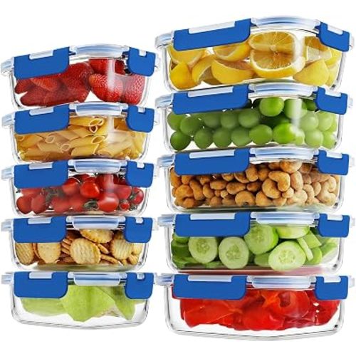 HOMBERKING 10-Pack Glass Meal Prep Containers, 36 oz/14 oz, Locking Lid Set